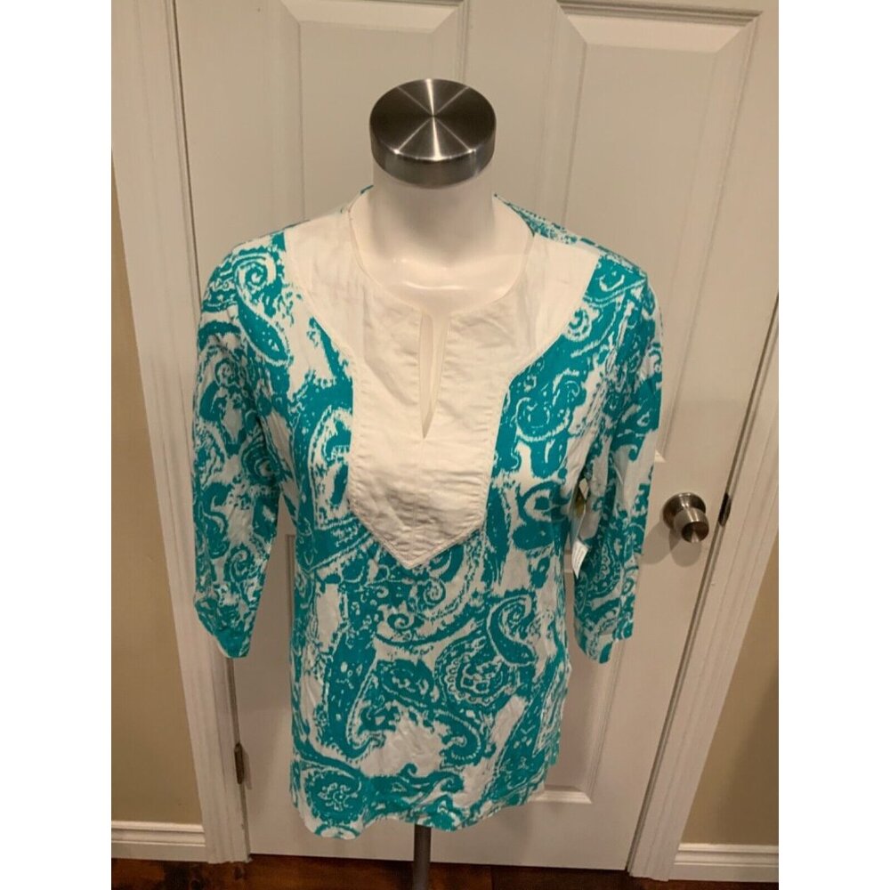 Lauren Ralph Lauren Petite Teal Blue & White Patterned 3/4 Sleeve Shirt, Size PL